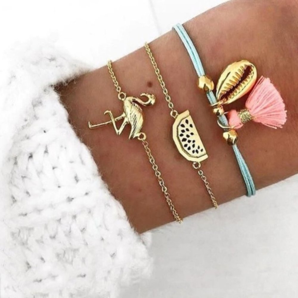 Boho 3 Pc Flamingo Cowry Shell Bracelet Set Gold